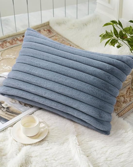 decorUhome Faux Fur Spring Throw Pillow Covers 12x20 Set of 2, Decorative Soft Plush Striped Neutral Couch Euro Pillow Covers with Velvet Back for Sofa, Bed, Living Room Home Decor, Grey Blue