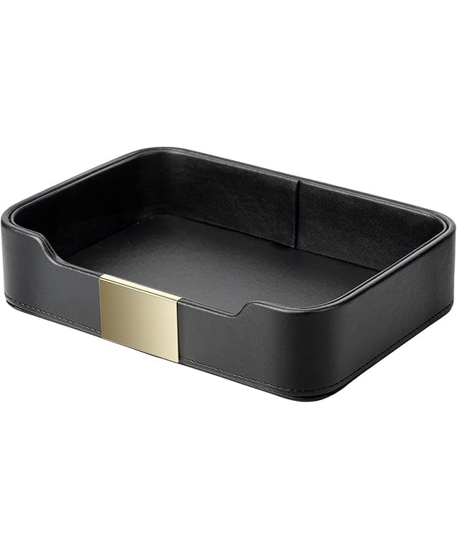 SANZIE Luxury Leather Tray Desktop Storage Catchall Organizer Decorative Tray for Entryway Table to Hold Jewelry Watch Keys Phone Wallet (Metal Glided, Black)