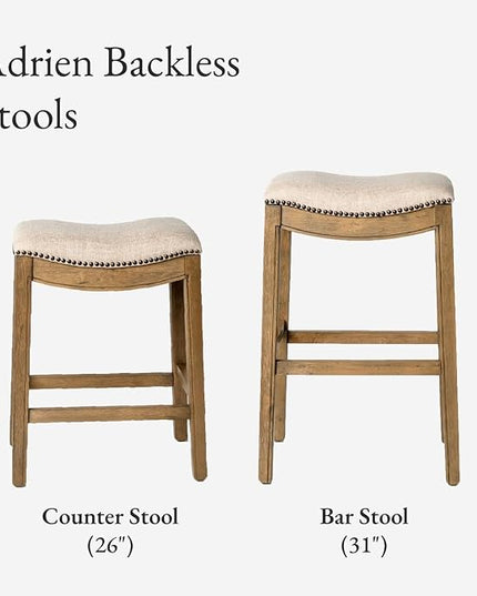 Maven Lane Adrien Backless Bar Stool – Set of 3 – 31 Inch Saddle Seat with Footrest – Natural Solid Wood Frame & Natural Fabric Upholstery – Ideal for Bars, Pub Tables & Tall Kitchen Counters