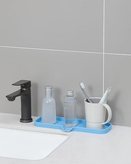 Silicone Bathroom Soap Dishes with Drain Spout-Bathroom and Kitchen Sink Organizer,Sponge Holder,Dish Soap Tray,Perfect for Dispenser,Scrubber,Bottle on Sink or Counter-Light Blue 12"×4"