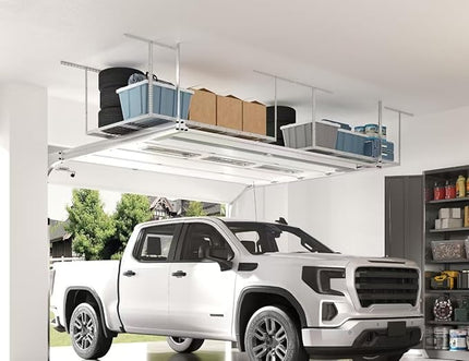 FLEXIMOUNTS 4x6 Overhead Garage Storage Adjustable Ceiling Rack 72" Length x 48" Width x 40" Height, 450lbs Weight Capacity, White, Classic Series