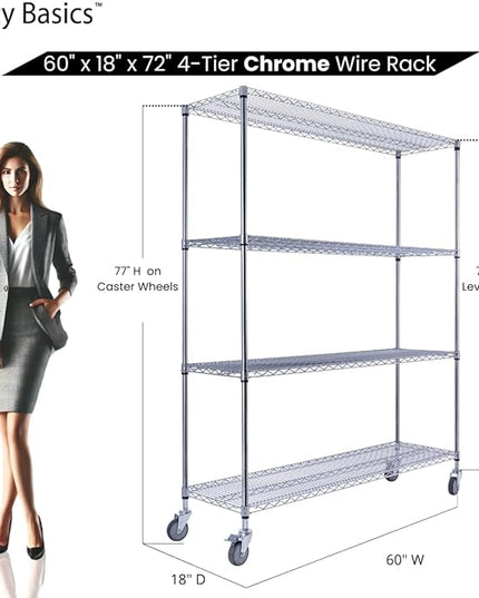 NSF Commercial 4-Tier Wire Shelving with Wheels, 60"x18"x72" Heavy Duty Metal Shelves 3200 lbs Max Capacity, Chrome Storage Rack for Garage Kitchen Pantry Warehouse