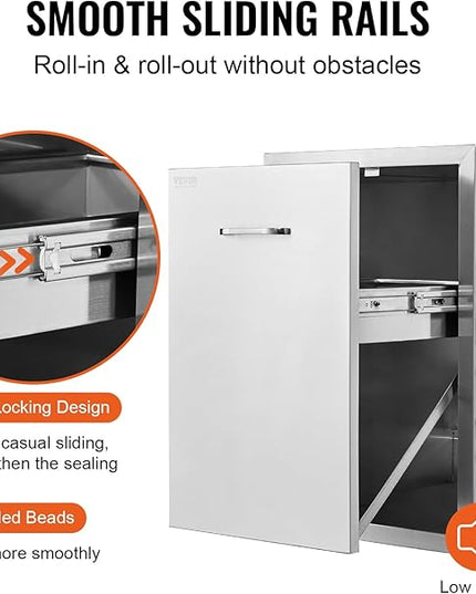 VEVOR Outdoor Kitchen Trash Drawer 17.7W x 25H x 22.8D Inch, Stainless Steel Trash Drawer with Handle and Pull-Out Tray, Outdoor Pull Out Kitchen BBQ Island, Trash Can NOT Included