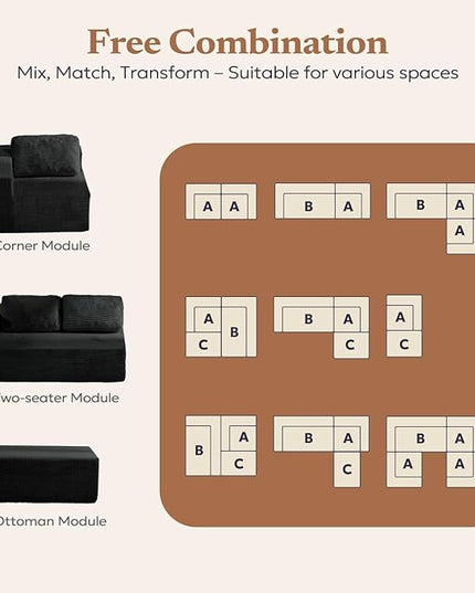 40" Modular Upholstered Foam Couch, Upholstered Floor Sofa Couch with Pillow, Single Sofa for Bedroom Living Room, No Assembly Required (Corduroy Fabric, Black)