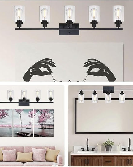 MELUCEE 40 Inches Length 5-Light Bathroom Vanity Light Fixtures Black Industrial Wall Sconce Lighting with Clear Glass Shade for Living Room Bedroom Hallway Kitchen (Patent No.: US D963914 S)