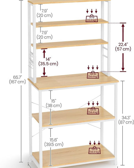 VASAGLE Coffee Bar, 31.5 Inches Baker's Rack for Kitchen with Storage, 6-Tier Kitchen Shelves with 6 Hooks, Microwave Stand, Modern, Golden Oak and Cloud White UKKS019W09