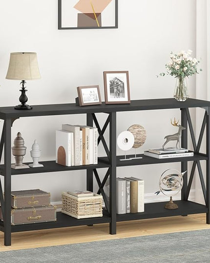LVB Black Console Table, Modern Entryway Table with 3 Tier Storage Shelves, Industrial Sofa Table Behind Couch for Living Room, Farmhouse Wood Metal Entry Table for Hallway Foyer, Black Oak, 55 Inch