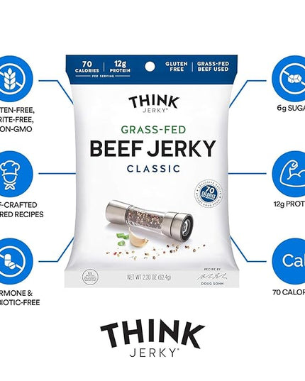Think Jerky Classic Beef Jerky, Grass-Fed High Protein Beef Jerky, Gluten Free, No Antibiotics or Nitrates, Healthy Chef Crafted Recipe, Low Calorie and Low Fat - 2.2 oz Bags, 4 Pack