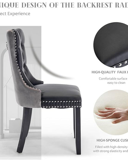 SoarFlash Leather Dining Chairs Set of 2, Tall Back Side Chair, Modern Upholstered Side Chair with Button Back Ring, Solid Wood Legs (Black&Grey)