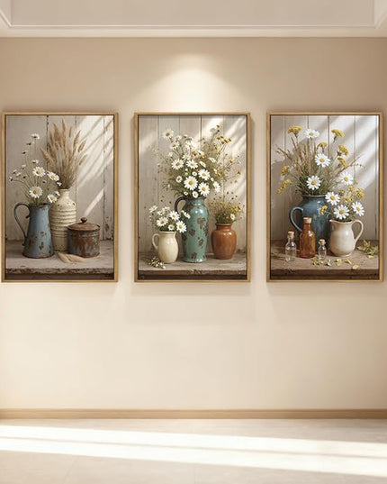 ANHUIB Vintage Floral Wall Art Rustic Farmhouse Flower Wall Decor Daisy Botanical Painting 16x24 Inch Set of 3 for Living Room Bedroom