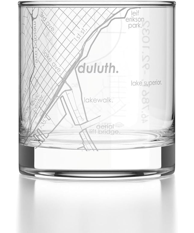 Well Told Engraved Duluth Minnesota Map Rocks Glass, Old Fashioned Glassware (11 oz, Clear) Etched Bourbon Tumbler, Gifts For Whiskey Lovers