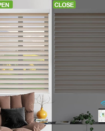 zshine Automatic Shangri La Light Filtering Roller Shades Free Dimming Rechargeable Matter Motor Compatible with Homekit Siri for Living Room 83035C