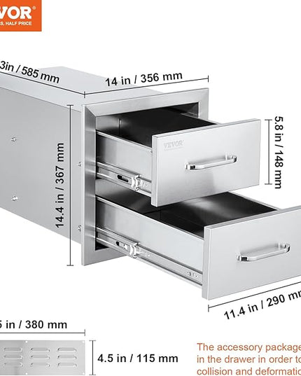 VEVOR Outdoor Kitchen Cabinets 14W x 14.3H x 23D Inch, BBQ Island Drawers Stainless Steel, Flush Mount Double with Handle, BBQ Island for Outdoor Kitchens or Grill Station