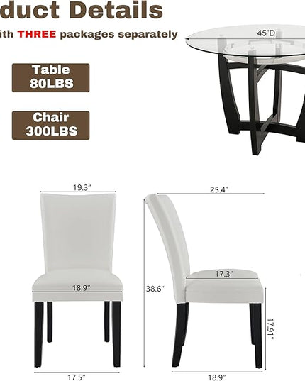 PADMA HOUSE Round Glass Dining Table Set for 2, 45in Modern Kitchen Small Wood Dinner Table with 2 Parsons Leather Dining Chairs 3 Piece Dining Room Table Chair Set,Clear&Ivory