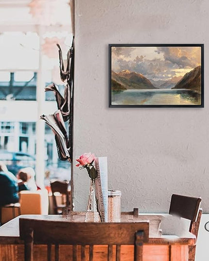 Aubeeba Lake Wall Art Framed Mountain Scenery Picture Prints，Vintage Landscape Wall Art Canvas Painting for Living Room And Home Decor 12x16 inches