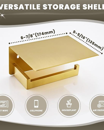 Toilet Paper Holder with Shelf, Suyar 304 Stainless Steel Wall Mount Toilet Paper Roll Holder with Phone Shelf, Brushed Gold