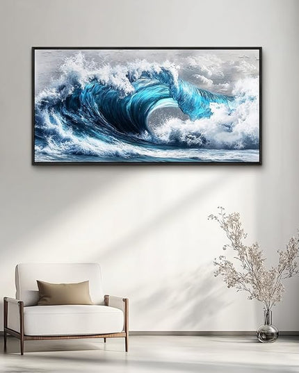 PHAOHUAXM Large Canvas Wall Art For Living Room Wall Decor For Bedroom Ocean Inspiration Wall Pictures Office Mural Decorations Posters Blue Wave Paintings Modern Home Decor Black Framed 24x48 In