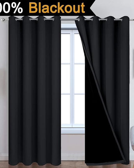 Yakamok 84 Inch Length 100% Blackout Curtains for Bedroom, 2 Thick Layers Thermal Insulated Grommet Total Blackout Drapes with Black Liner for Living Room (52Wx84L,Black, 2 Panels)