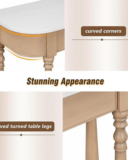 HMFULE Retro Curved Console Table, 36" Solid Wood Half Moon Console Table Sofa Table Entryway Table with 1 Drawer 1 Open Shelf Roman Legs Curved Corners for Living Room,Entryway,Hallway,White+Beige