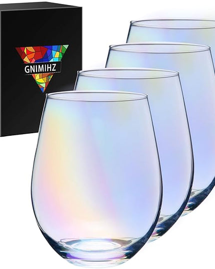 Iridescent Stemless Wine Glasses for Red or White Wine (Set of 4), 18-Ounces, Large Wine Glasses for Cabernet, Pinot Noir, Burgundy, Bordeaux