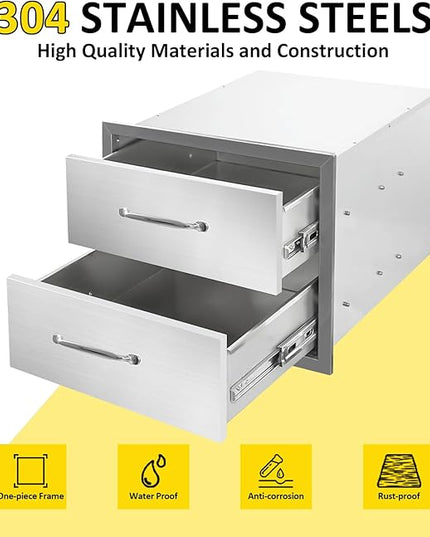 Outdoor Kitchen Drawers 18" W x 15" H x 23" D Flush Mount Double layer BBQ Drawers with Chrome Handle,Stainless Steel Built-in 2-Drawer for Outdoor Kitchen Island, Patio Grill Station