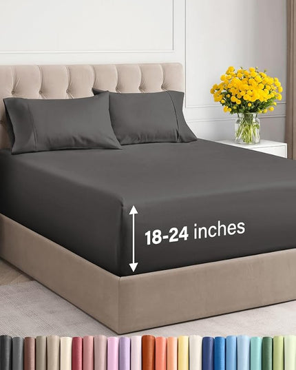 Extra Deep Twin XL Sheet Set - 4 Piece Breathable & Cooling Sheets - Hotel Luxury Bed Sheets Set - Easy & Secure Fit - Soft, Wrinkle Free & Comfy Sheets Set - Charcoal Sheet Set w/Extra Deep Pockets