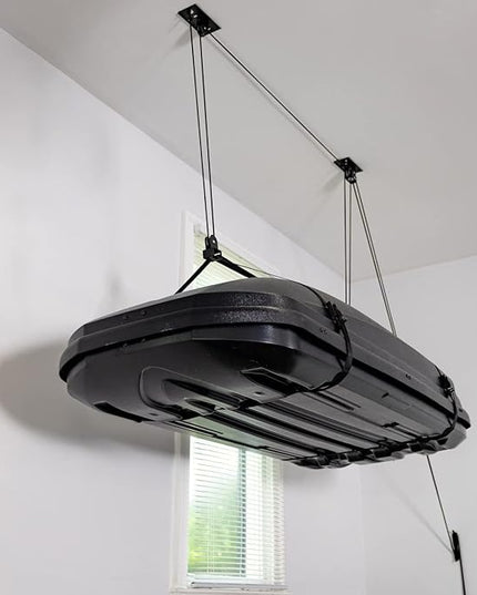 StoreYourBoard Cargo Box Pulley System – Heavy-Duty Garage Hoist Lift for Rooftop Carriers – Garage Storage & Garage Organization Ceiling Hoist with Pulley – Holds 150 lbs - Fits 10-14 ft Ceilings