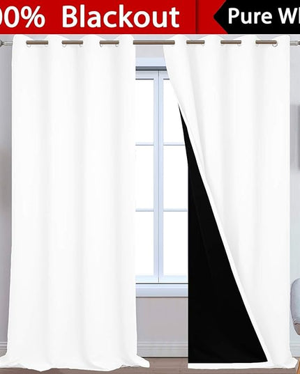 Yakamok 100% Blackout Curtains 108 Inches Long, 2 Thick Layers Thermal Insulated Curtain Panels for Bedroom, Full Light Blocking Drapes with Black Liner (52" Wide Each Panel, Pure White, 2 Panels)