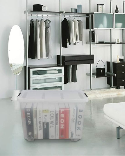 70 L Clear Plastic Large Storage Box with Wheels, Set of 4 LargeLatch Plastic Box for Storage
