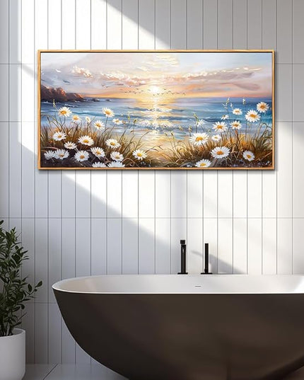 PHAOHUAXM Large Wall Art For Living Room Canvas Wall Decor For Office Bedroom Decorations Blue Ocean Landscape Wall Pictures Artwork Modern Beach Posters Aesthetic Home Decor Wood Framed 24"x48"