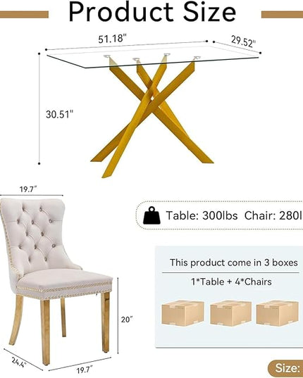 51" Glass Dining Table Set for 4, Modern Dining Room Table Set for 4, Gold X-Shape Pedestal Glass Table with 4pcs Beige Dining Chairs, 5 Piece Dining Set for Dining Living Room