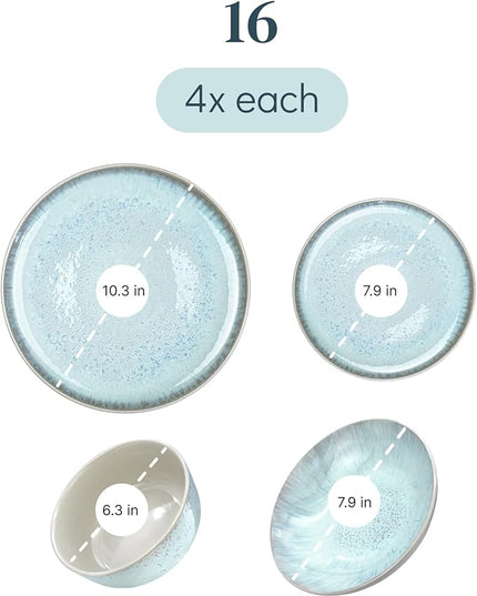 Stoneware dinnerware set 4 persons 16 pcs – Modern style plates and bowls set ceramic – Dishwasher, microwave and scratch resistant – Bowl and plate set – Dinner service Pure Living beige & light blue