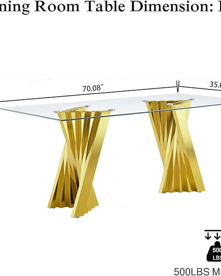 70'' Tempered Glass Top Dining Table With Mirrored Gold Stainless Steel Base for 4-8 People, Modern Rectangular Design for Dining Room and Living Room