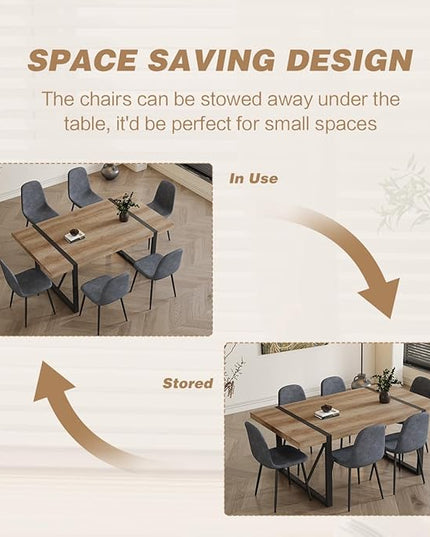 Dining Table Set for 6，Dinner Table Set for 6，71'' Kitchen Table and Suede Nap Fabic Chairs Set of 6，6 Chair Dining Table Set for Kitchen Dining Room