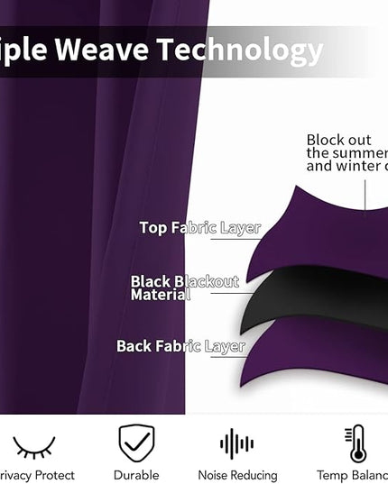 Yakamok Blackout Curtains Room Darkening Thermal Insulated Grommet Top Solid Window Curtains for Living Room, 42W x 63L,Purple,2 Panels