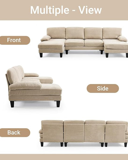 VINGLI 110" Sectional Couches for Living Room,U Shaped Couch with Double Chaise, 4-Seat Sofa Set with Chenille Fabric for Home Furniture,Light Khaki