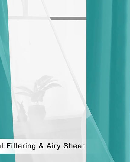 Hiasan Blackout Curtains with Sheer Overlay, Thermal Insulated Privacy Mix & Match Double Layer Window Curtains for Girls Bedroom, Living Room, 2 Drape Panels with Tiebacks,Peacock Teal, 52W X 63L