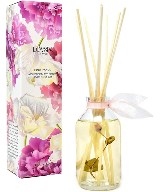 LOVSPA Reed Diffuser Set, Pink Peony Scented Oil Diffuser with Sticks, Home Fragrance Accessories for Bathroom Shelf Decor, Aroma Diffusers for Home or Office Desk, USA Made