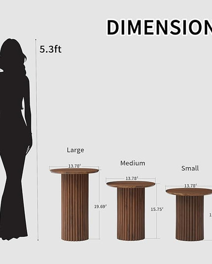 Round Nesting Coffee Table Set of 3,Mid Century Modern Fluted Coffee and End Table Set,Small Circle Wooden Side Table Drink Table for Living Room (Walnut)
