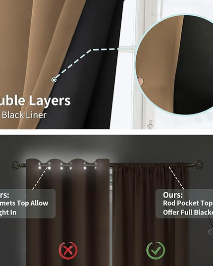 BGment Thermal Insulated 100% Blackout Curtains for Bedroom with Black Liner, Double Layer Full Room Darkening Noise Reducing Rod Pocket Curtain (52 x 45 Inch, Taupe, 2 Panels)
