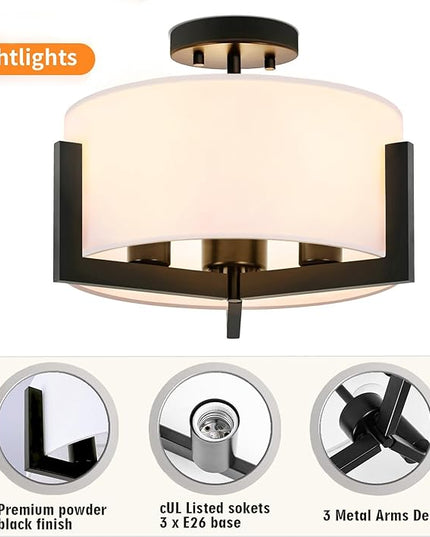 14 inch Black Semi Flush Mount Ceiling Light, 3-Light Modern Lighting Fixtures Ceiling Mount with White Drum Fabric Shade for Bedroom Entryway Hallway