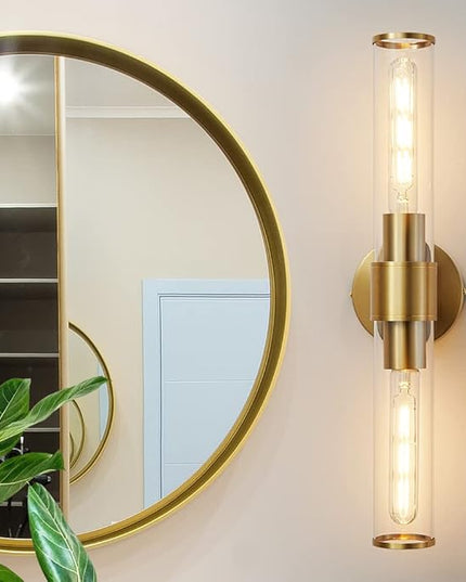 Gold Wall Sconce, Bathroom Light Fixtures in Clear Glass Indoor Wall Sconces, Modern Sconce Wall Lighting Up and Down Vanity Lights Fixtures for Bathroom,Living Room - Bulb Not Included