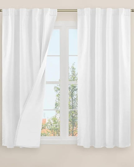 LAMIT Natural 100% Blackout Linen Curtains, 45 Inches Linen Textured Thermal Bedroom Curtains Back Tab and Rod Pocket Neutral Panels with White Liner for Farmhouse, 2 Panels, 38 x 45 Inch, White