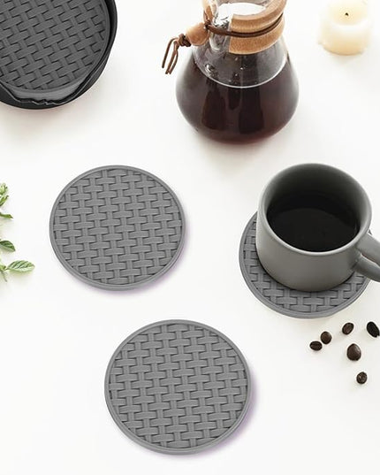 Gray Silicone Coasters with Holder, 4 Inches Non-Slip Heat Resistant Cup Mats, Decorative Waterproof Round Coaster Set of 6 for Home, Kitchen, Office, Bar, Coffee Table