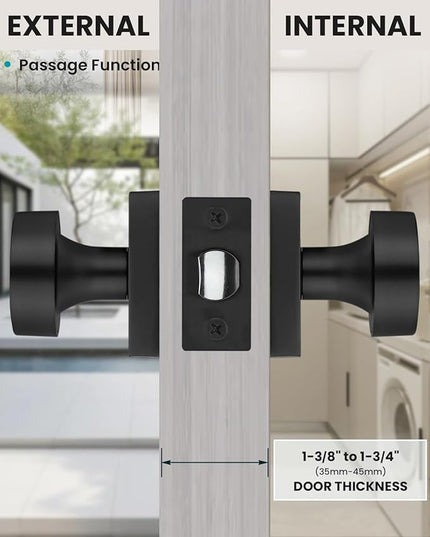 Black Door Knobs Interior, Heavy Duty Passage Door Knob, Square Closet Door Knob for Hall, Zinc Alloy Matte Black DoorKnob (1 Pack)