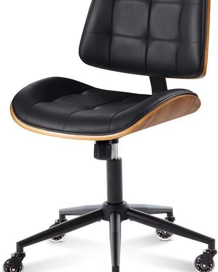 Home Office Desk Chair with Wheels, Adjustable Height Armless Office Chair, PU Leather Mid Back 360° Small Computer Chair, Modern Walnut Chair No Arms for Office, Reading Meeting Room(Black)