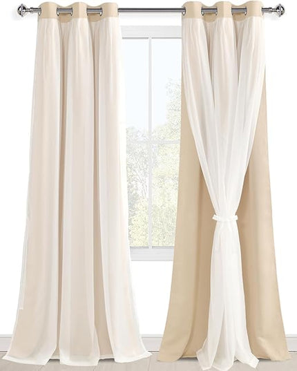 Hiasan Blackout Curtains with White Sheer Overlay, Mix & Match Double Layer Thermal Insulated Window Panels 96 inches Long for Bedroom Living Room, 2 Window Panels with Tiebacks, Beige, 42W X 96L