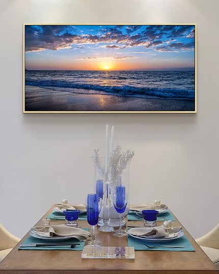Natural Wood Framed Wall Decor Living Room Large Size Canvas Wall Art For Bedroom Office Wall Decorations Blue Sea Beach Pictures Artwork Sunny Ocean Painting Modern Room Home Decor 24" X 48"