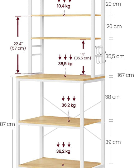 VASAGLE Coffee Bar, 23.6 Inches Baker's Rack for Kitchen with Storage, 6-Tier Kitchen Shelves with 6 Hooks, Microwave Stand, Modern, Golden Oak and Cloud White UKKS024W09
