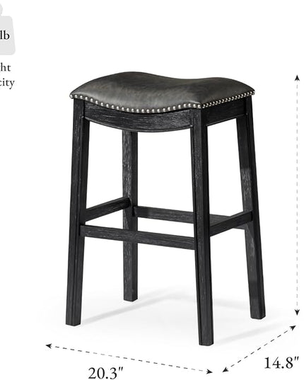 Maven Lane Adrien Backless Bar Stool – Set of 2 – 31 Inch Saddle Seat with Footrest – Black Solid Wood Frame & Grey Faux Leather Upholstery – Ideal for Bars, Pub Tables & Tall Kitchen Counters